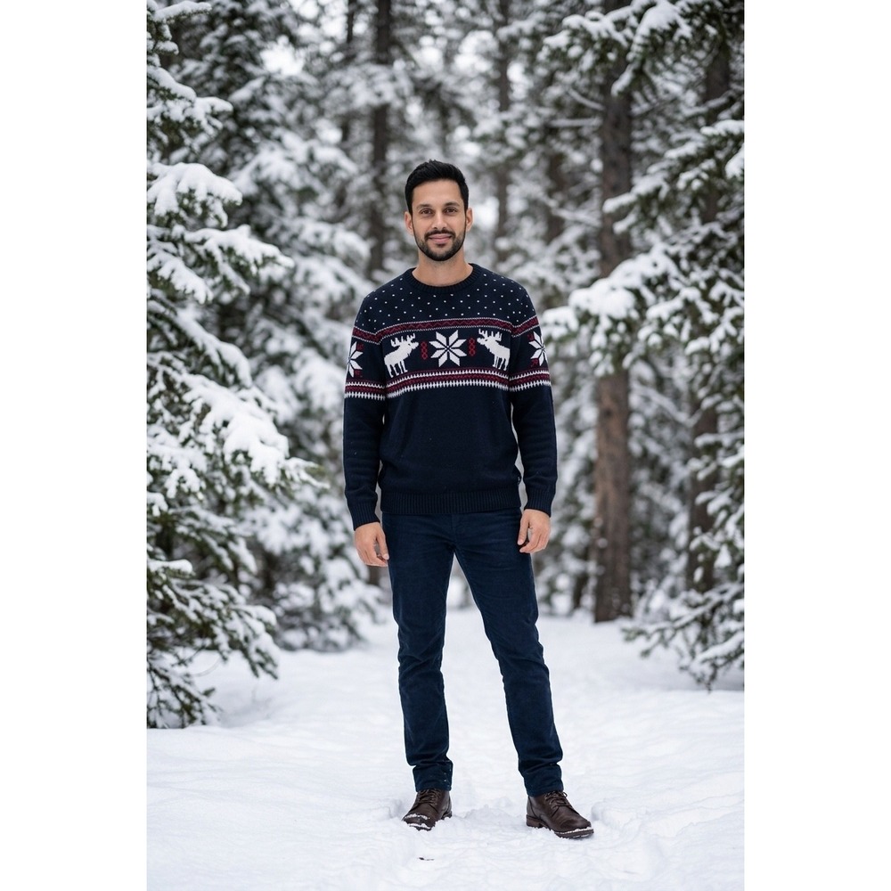 Chaps Mens Navy Blue Fair Isle Moose Snowflake Holiday Crewneck Sweater Large